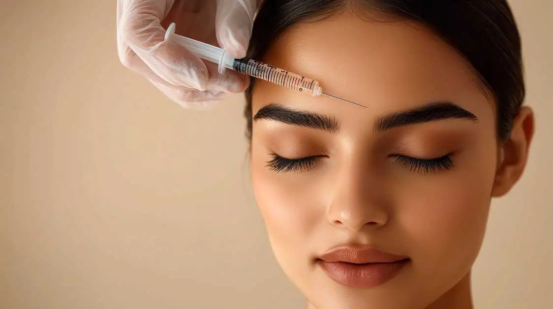 Botox treatment being administered to a woman's forehead.