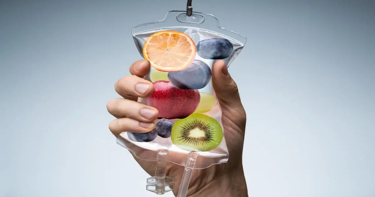 IV therapy bag with fruits symbolizing hydration and nutrition