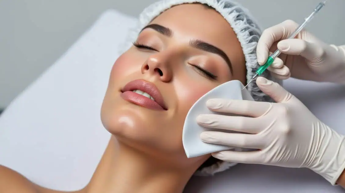 Dermal fillers injection being administered to a woman's face.