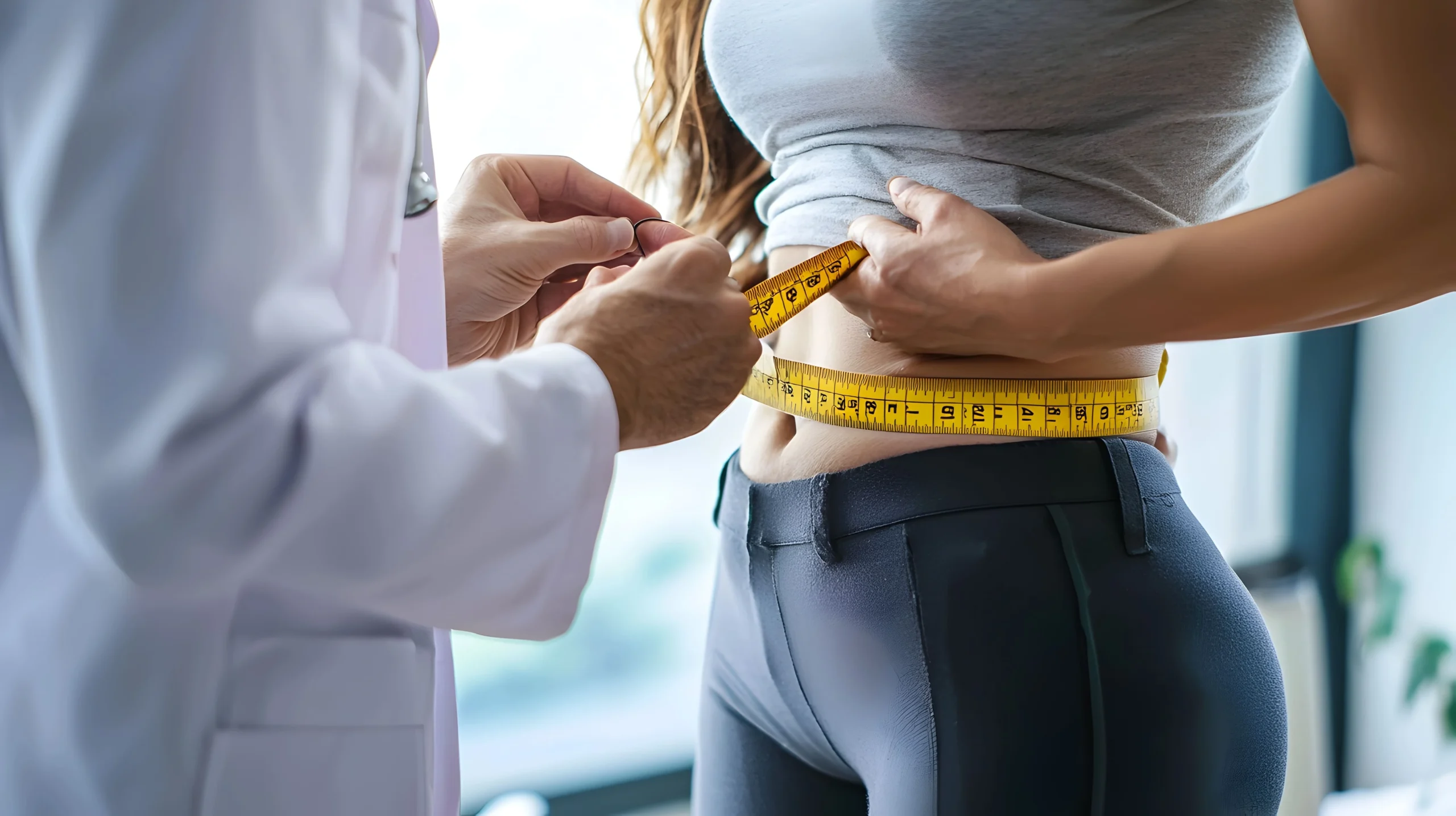 a doctor measuring a woman's waist for medical weight management