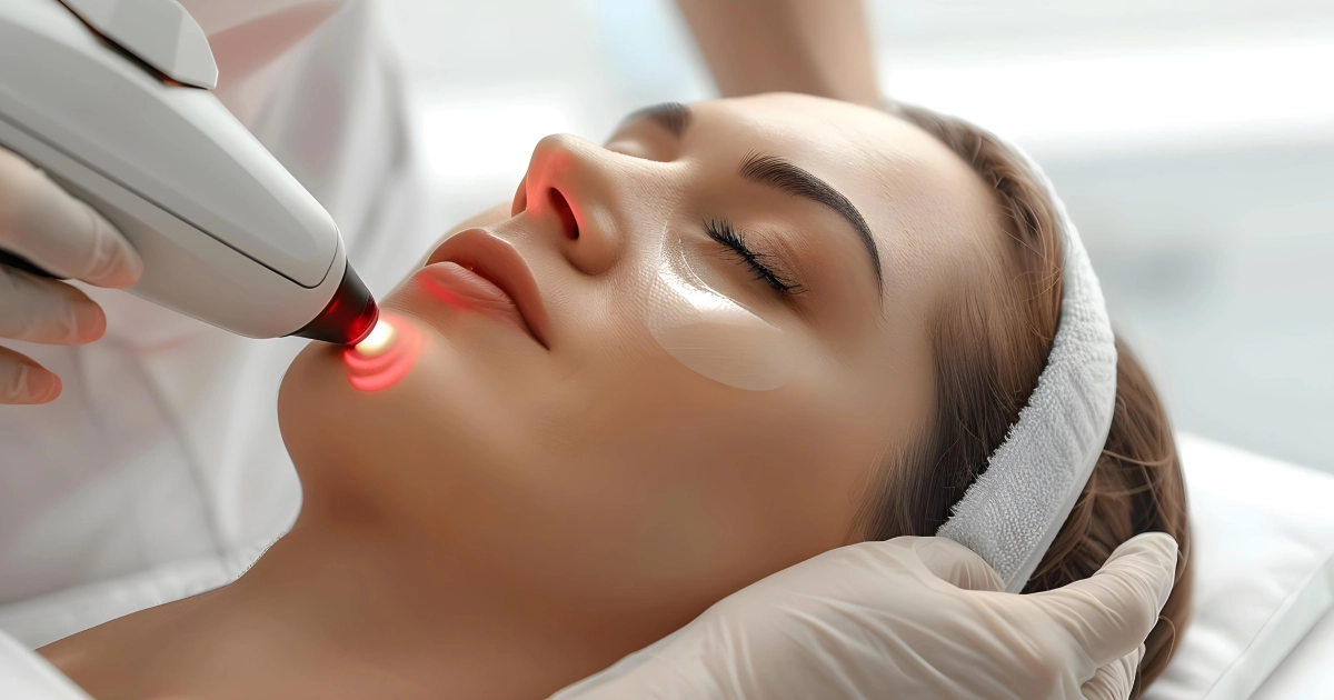 Close-up of a woman receiving Laser Skin Resurfacing in Old Bridge, NJ, eyes closed with protective patches, as a technician holds the glowing device near her chin.