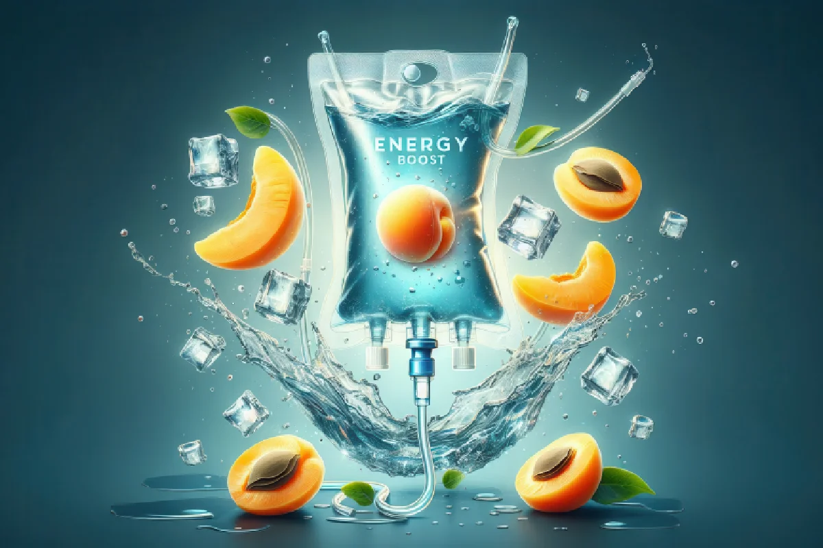 IV Hydration Therapy bag with electrolyte infusion and fruit, representing fast rehydration and energy recovery for severe dehydration.